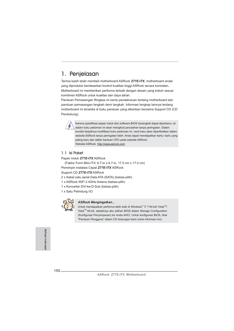 Indonesian, Penjelasan, 1 isi paket | ASRock Z77E-ITX User Manual | Page 192 / 199