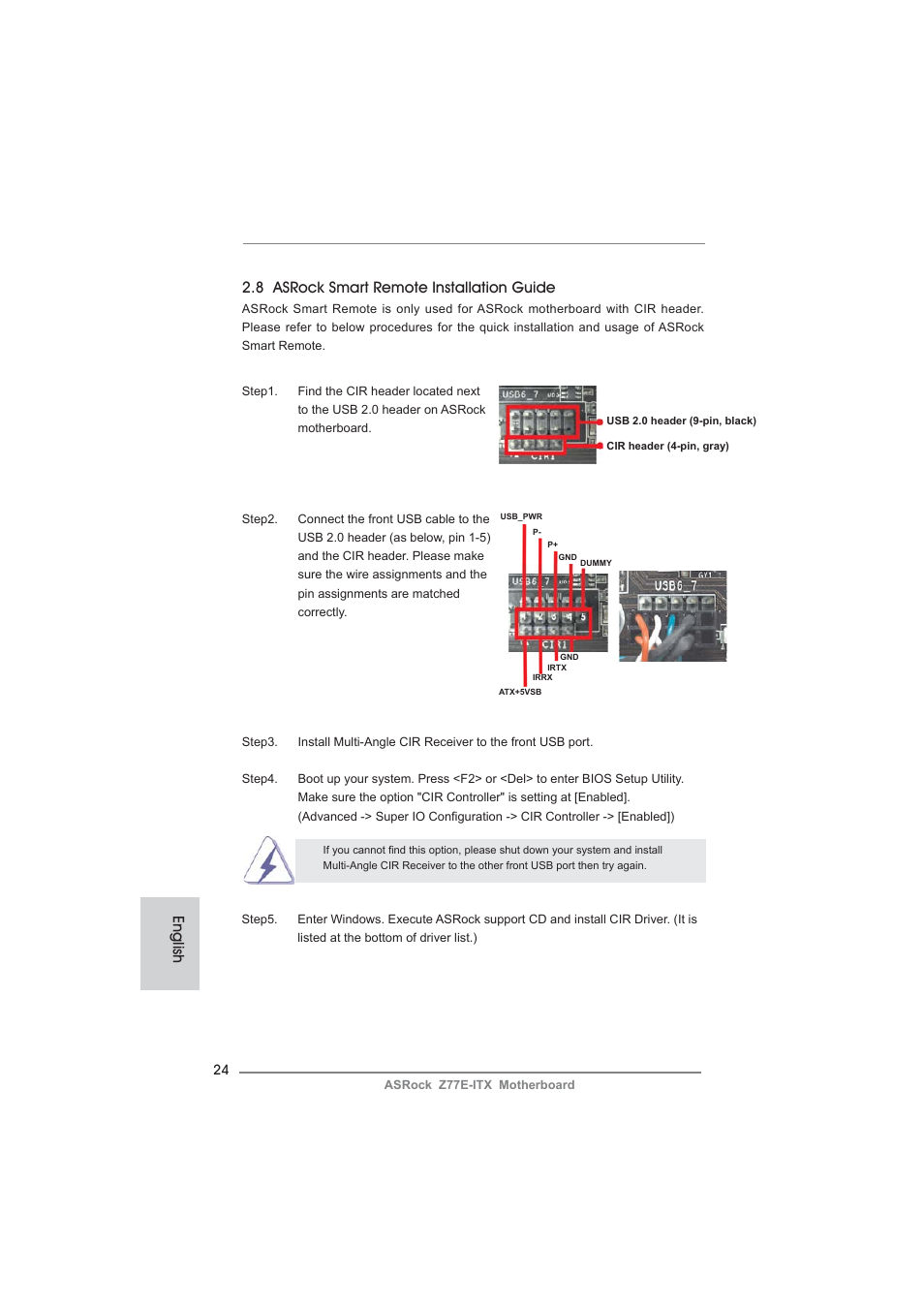 English, 8 asrock smart remote installation guide | ASRock Z77E-ITX User Manual | Page 24 / 199