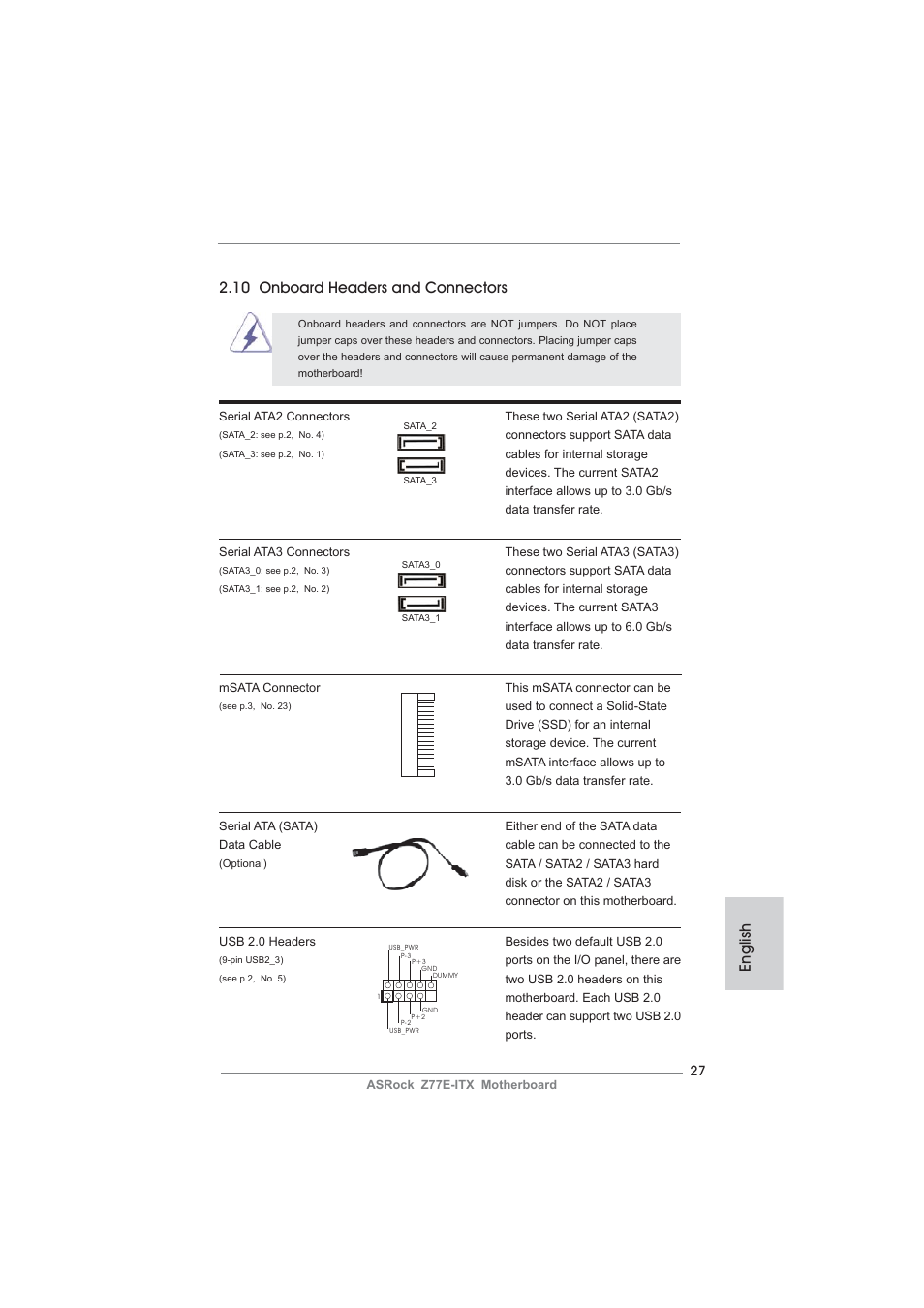 English 2.10 onboard headers and connectors | ASRock Z77E-ITX User Manual | Page 27 / 199