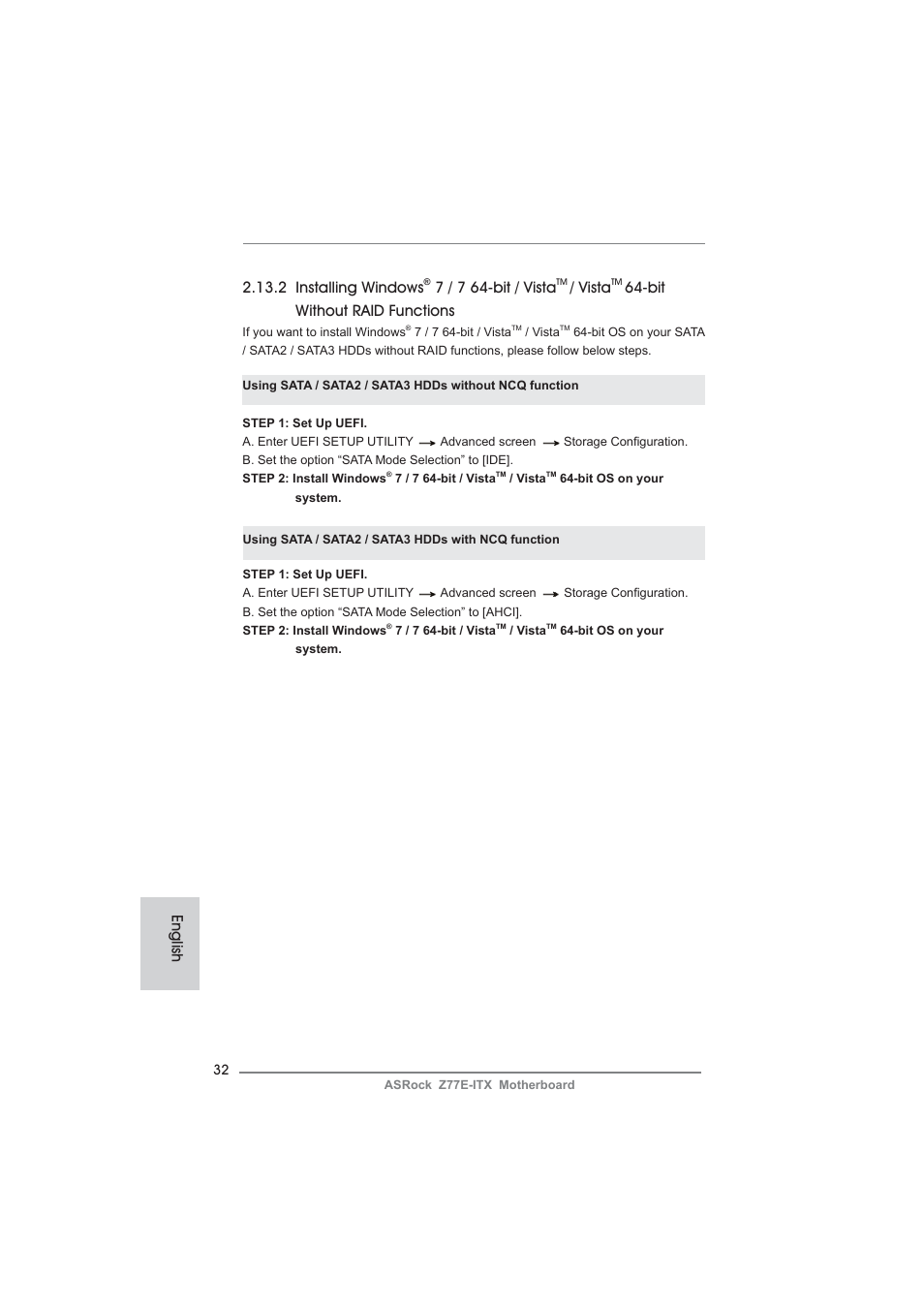 English 2.13.2 installing windows, 7 / 7 64-bit / vista, Vista | Bit without raid functions | ASRock Z77E-ITX User Manual | Page 32 / 199