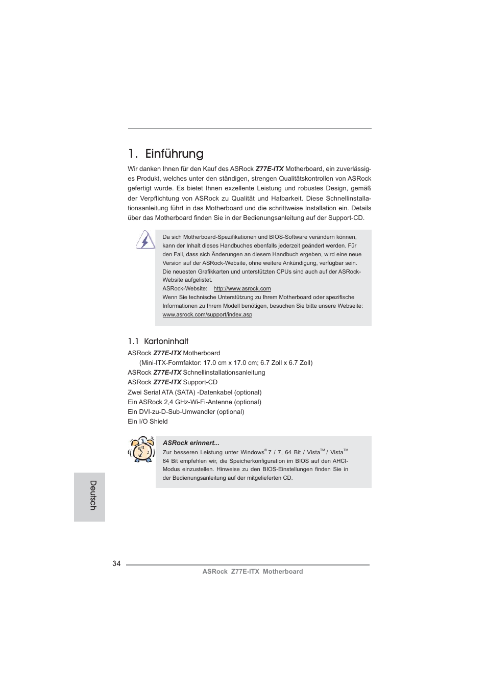 German, Einführung, 1 kartoninhalt | Deutsch | ASRock Z77E-ITX User Manual | Page 34 / 199