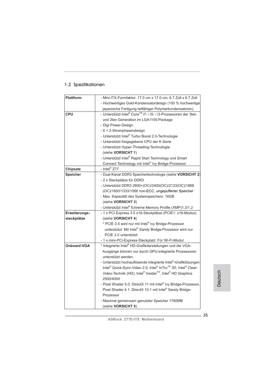 Deutsch 1.2 spezifikationen | ASRock Z77E-ITX User Manual | Page 35 / 199