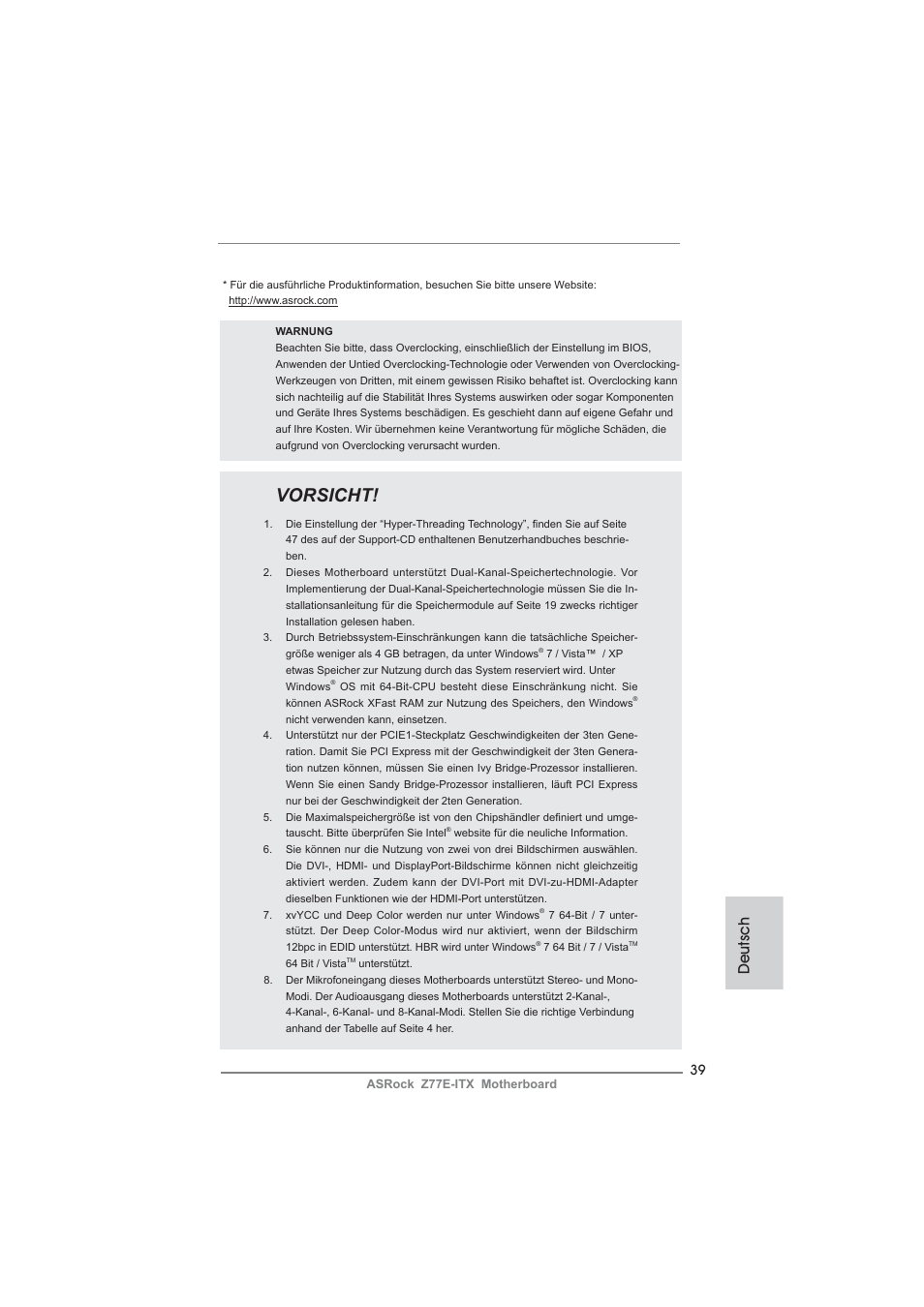 Vorsicht, Deutsch | ASRock Z77E-ITX User Manual | Page 39 / 199