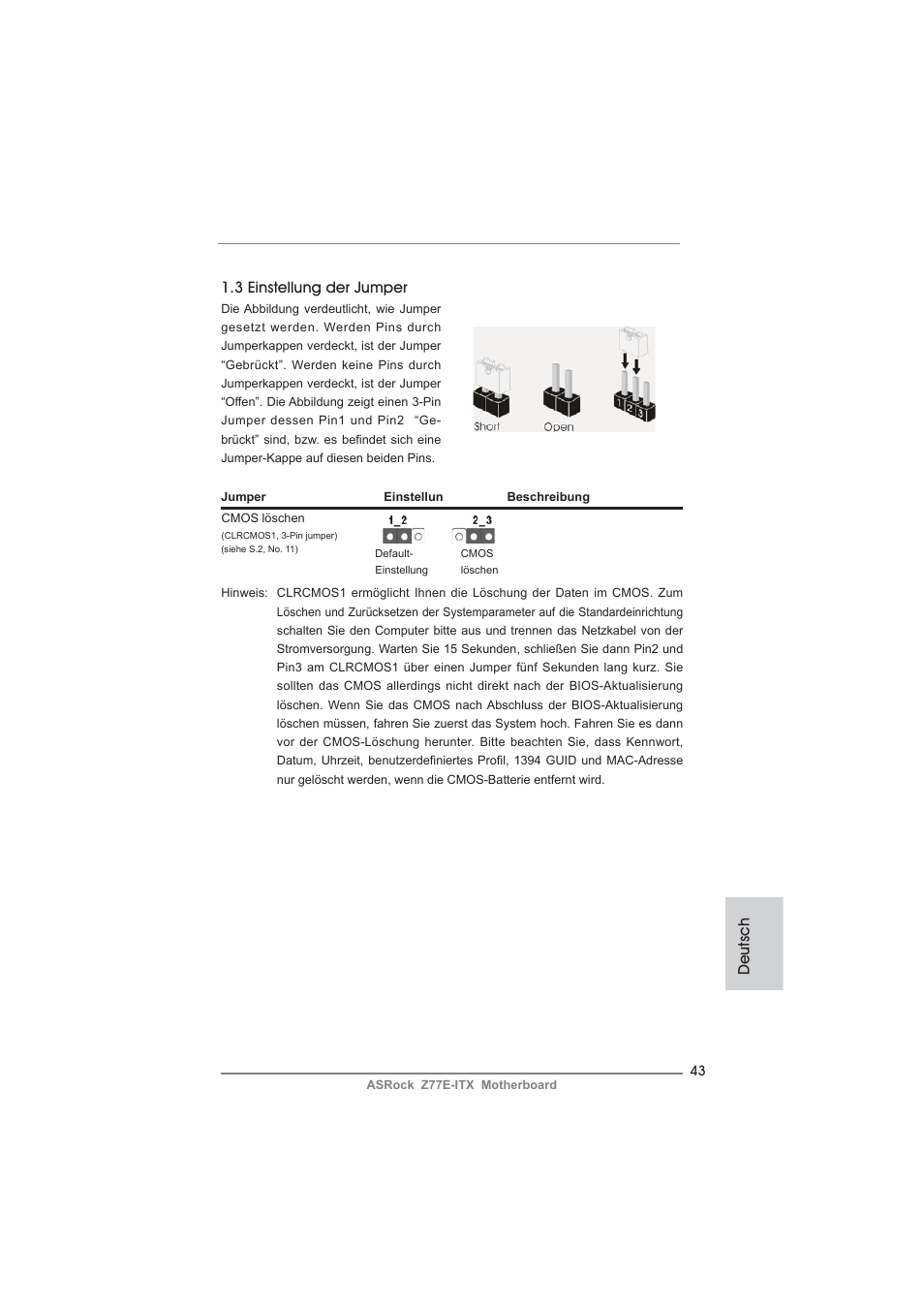 Deutsch 1.3 einstellung der jumper | ASRock Z77E-ITX User Manual | Page 43 / 199
