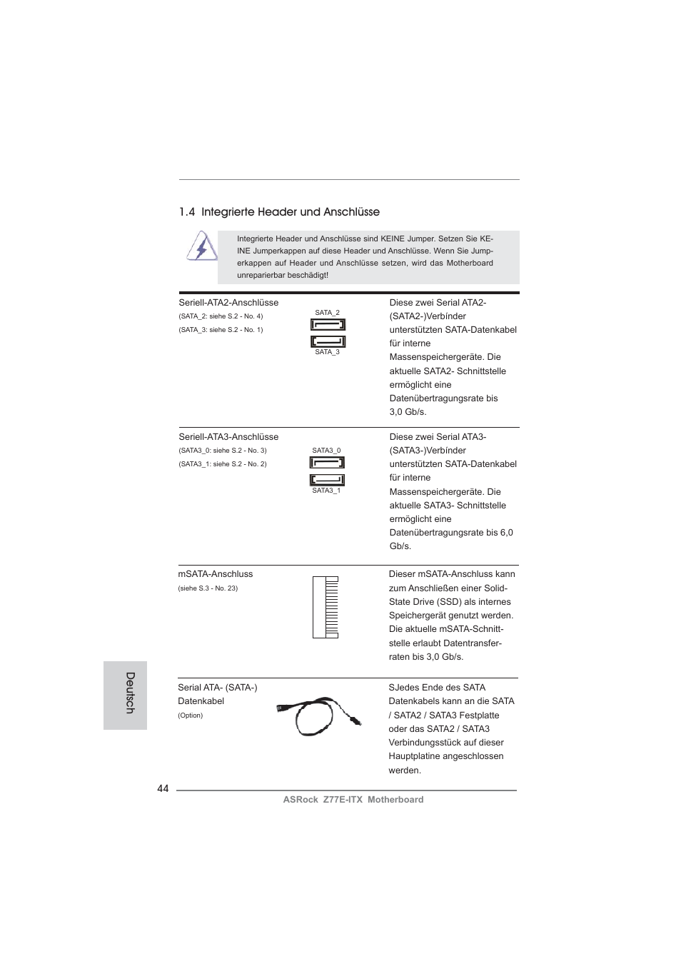 Deutsch, 4 integrierte header und anschlüsse | ASRock Z77E-ITX User Manual | Page 44 / 199