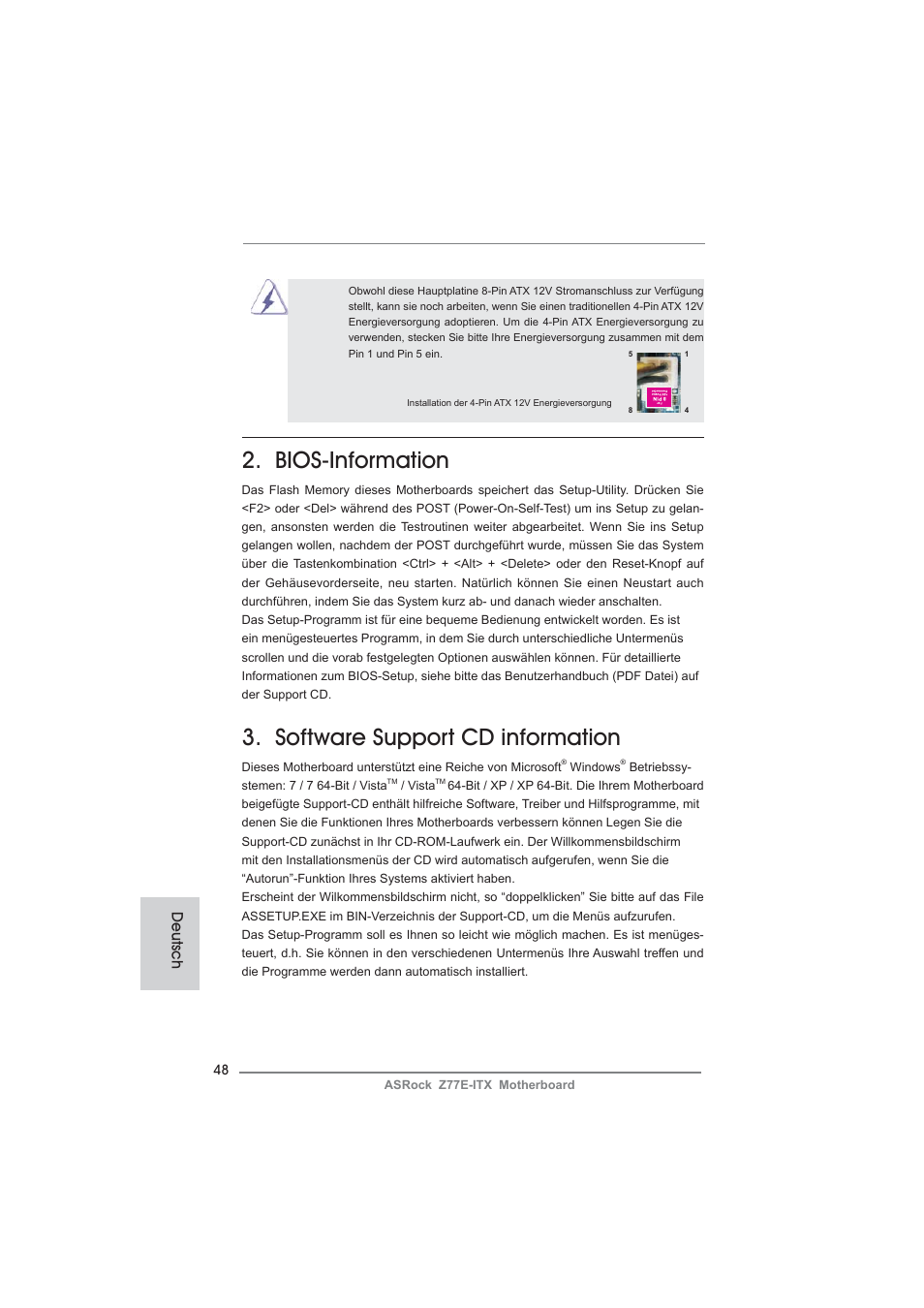 Bios-information, Software support cd information, Deutsch | ASRock Z77E-ITX User Manual | Page 48 / 199