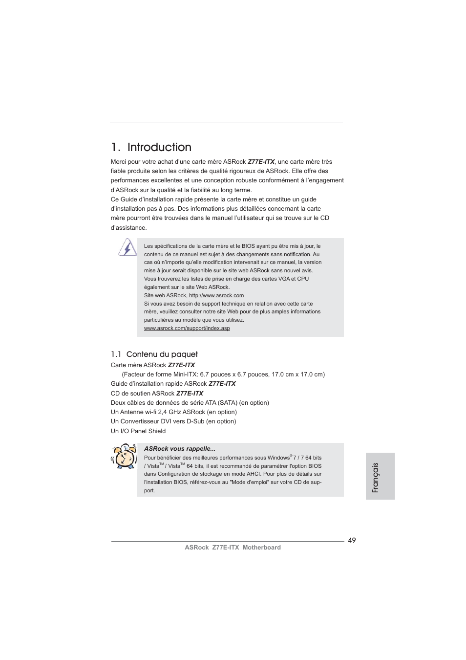 French, Introduction, Français | 1 contenu du paquet | ASRock Z77E-ITX User Manual | Page 49 / 199