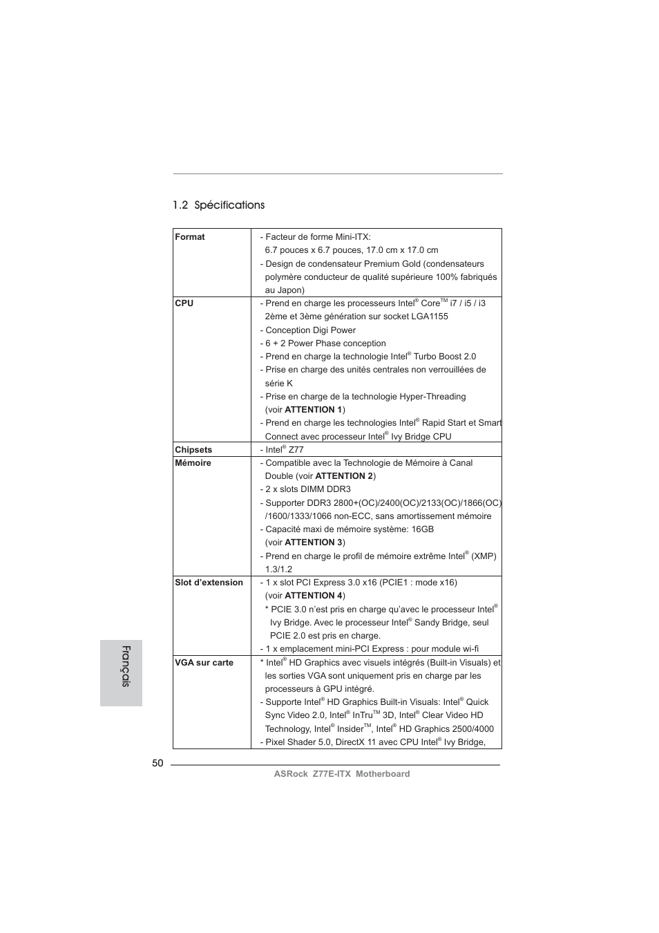 Français 1.2 spécifications | ASRock Z77E-ITX User Manual | Page 50 / 199