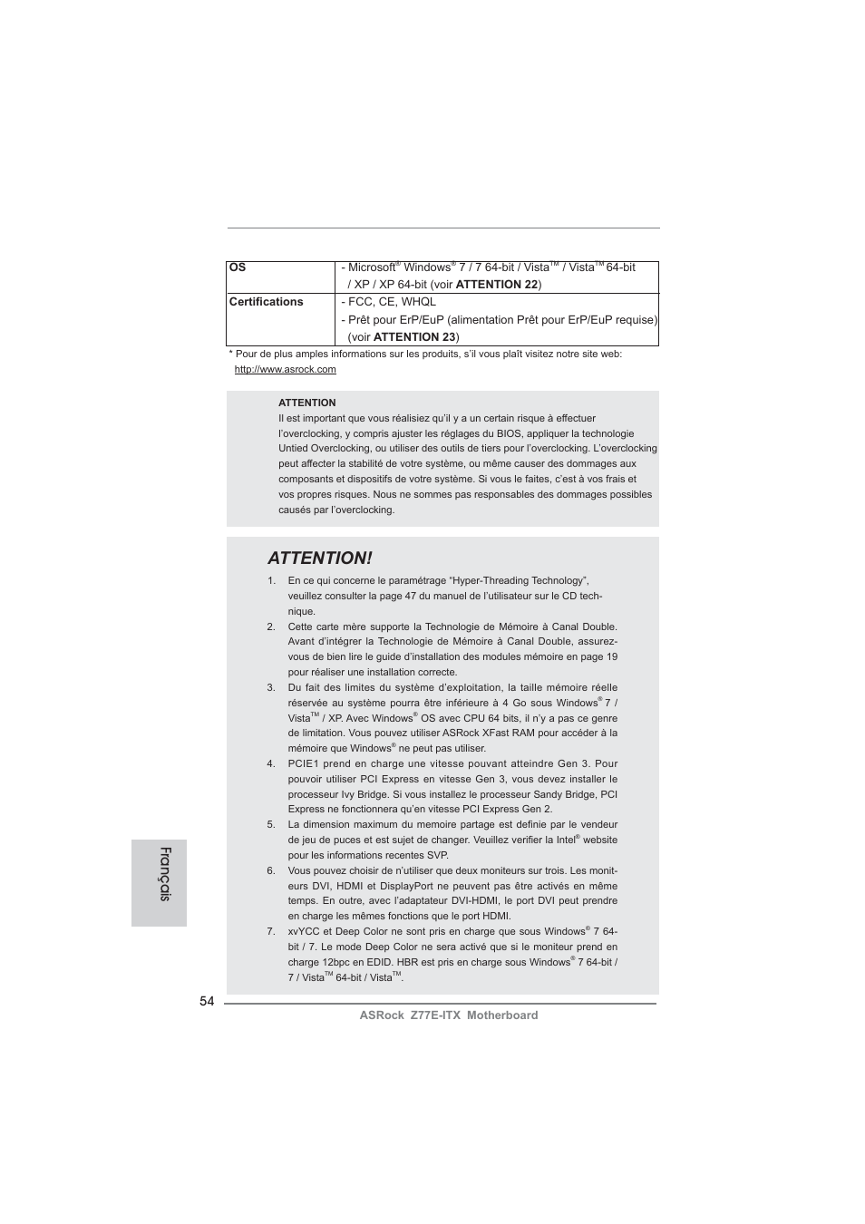 Attention, Français | ASRock Z77E-ITX User Manual | Page 54 / 199
