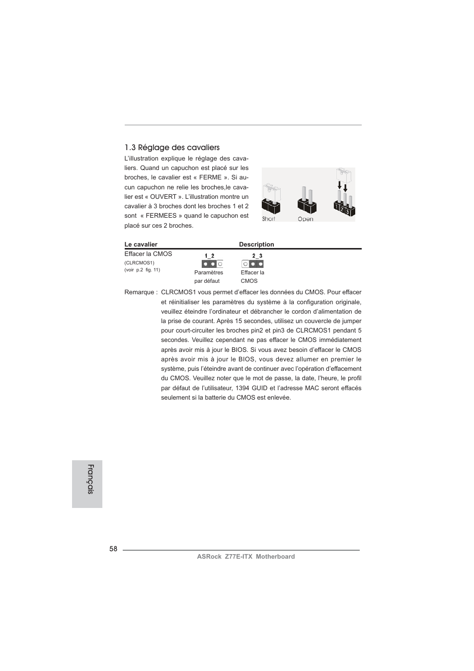 3 réglage des cavaliers, Français | ASRock Z77E-ITX User Manual | Page 58 / 199