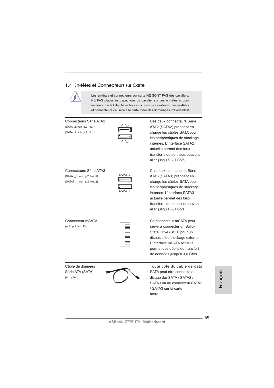 Français, 4 en-têtes et connecteurs sur carte | ASRock Z77E-ITX User Manual | Page 59 / 199