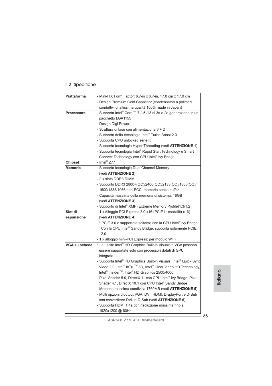 Italiano 1.2 specifiche | ASRock Z77E-ITX User Manual | Page 65 / 199