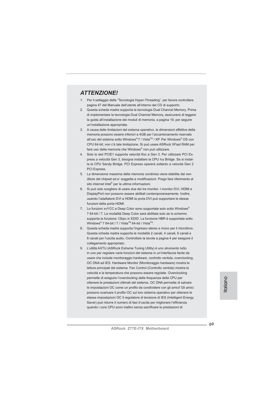 Attenzione, Italiano | ASRock Z77E-ITX User Manual | Page 69 / 199