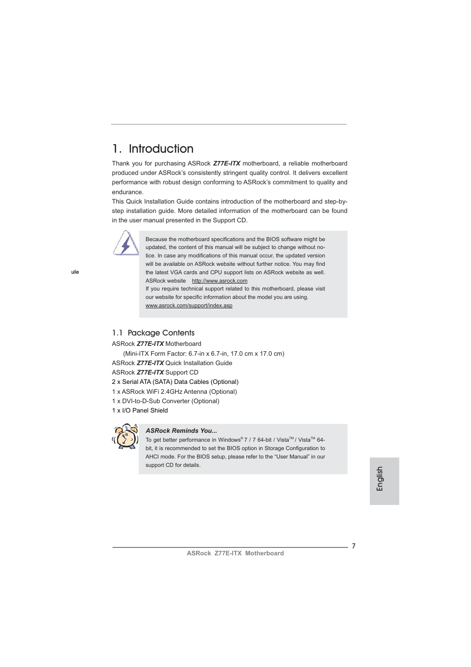 Introduction, 1 package contents, English | ASRock Z77E-ITX User Manual | Page 7 / 199