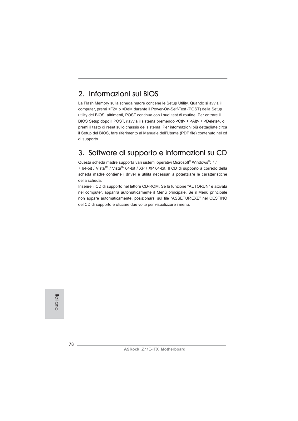 Informazioni sul bios, Software di supporto e informazioni su cd | ASRock Z77E-ITX User Manual | Page 78 / 199