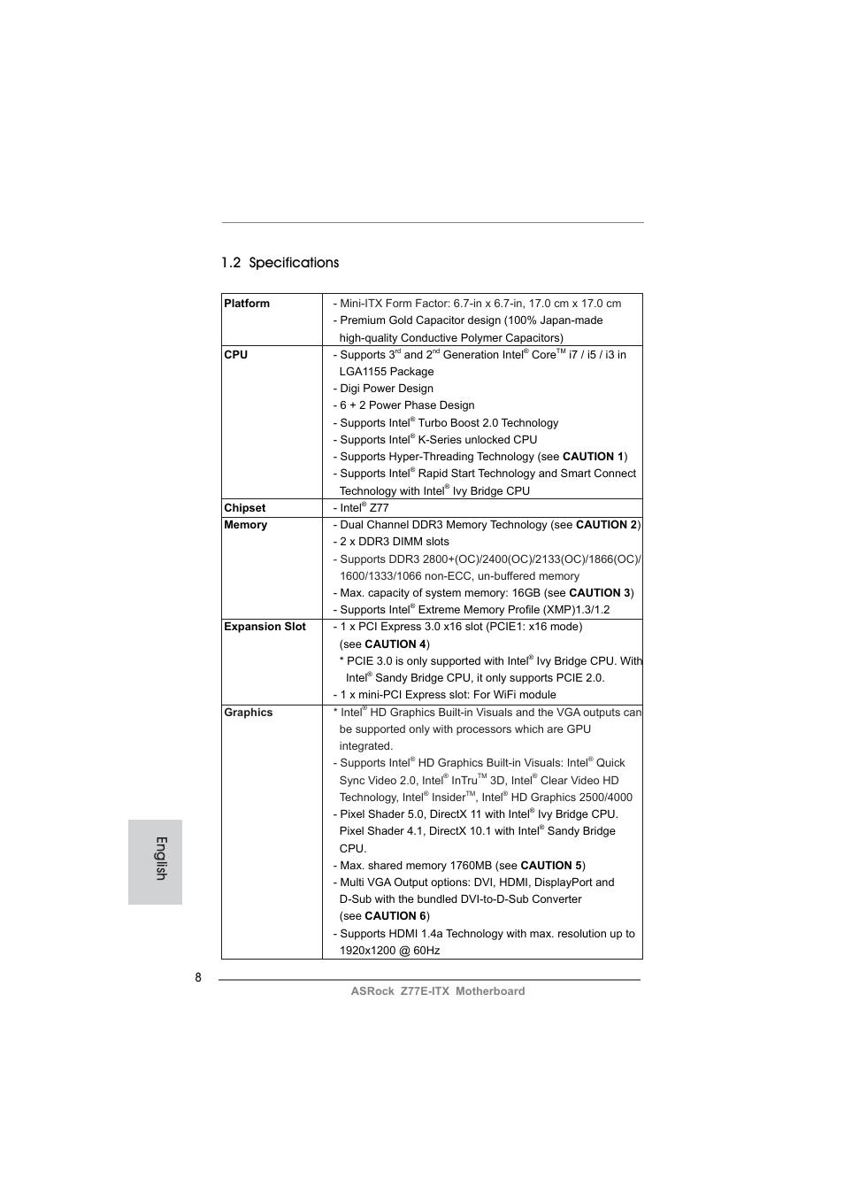 English 1.2 specifications | ASRock Z77E-ITX User Manual | Page 8 / 199