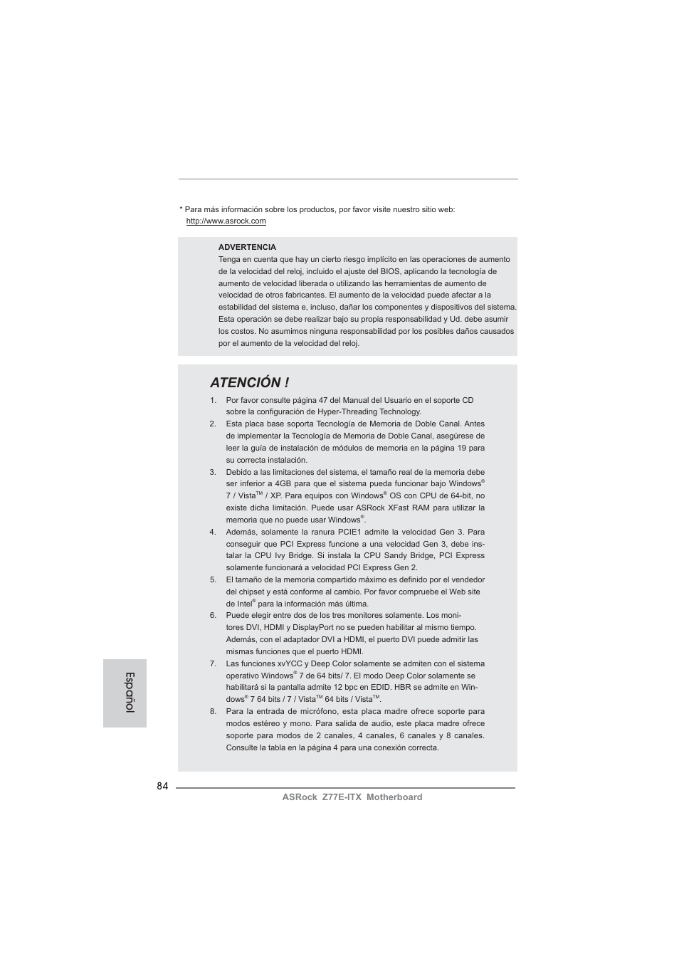 Atención, Español | ASRock Z77E-ITX User Manual | Page 84 / 199