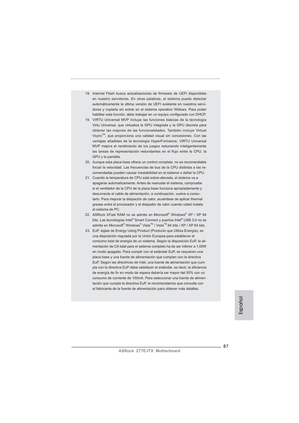 Español | ASRock Z77E-ITX User Manual | Page 87 / 199