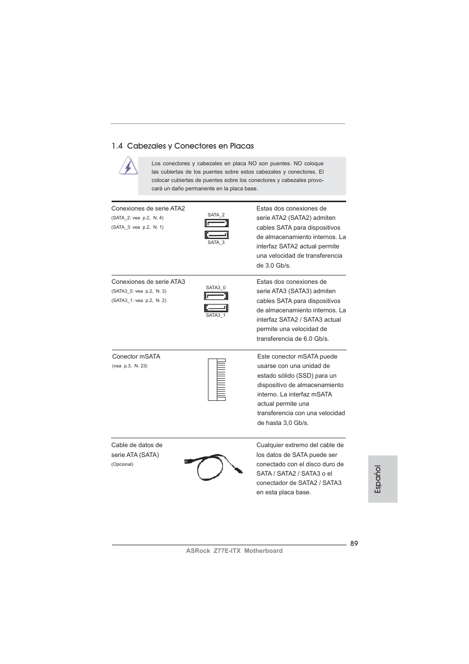 Español 1.4 cabezales y conectores en placas | ASRock Z77E-ITX User Manual | Page 89 / 199