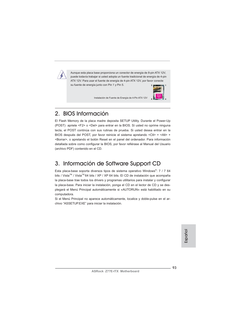 Bios información, Información de software support cd, Español | ASRock Z77E-ITX User Manual | Page 93 / 199