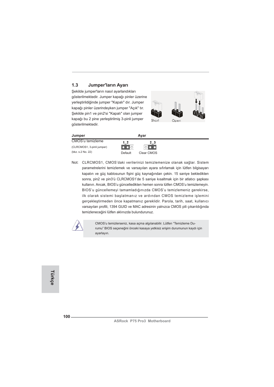 Türkçe 1.3 jumper'ların ayarı | ASRock P75 Pro3 User Manual | Page 100 / 151