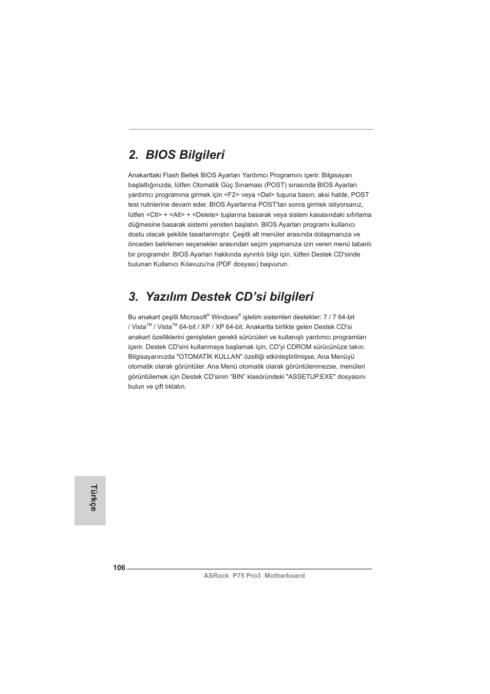 Bios bilgileri, Yazılım destek cd’si bilgileri | ASRock P75 Pro3 User Manual | Page 106 / 151