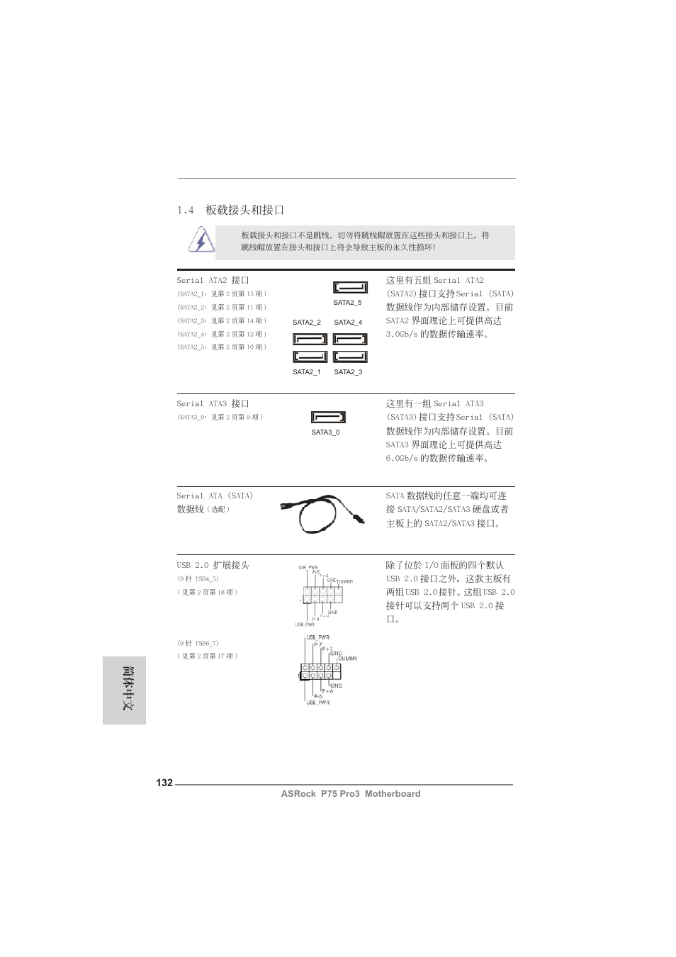 簡體中文, 4 板載接頭和接口 | ASRock P75 Pro3 User Manual | Page 132 / 151