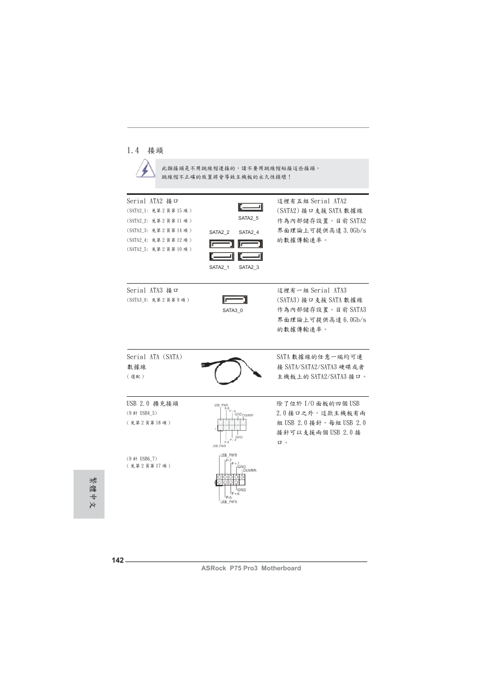 4 接頭, 繁體中文 | ASRock P75 Pro3 User Manual | Page 142 / 151