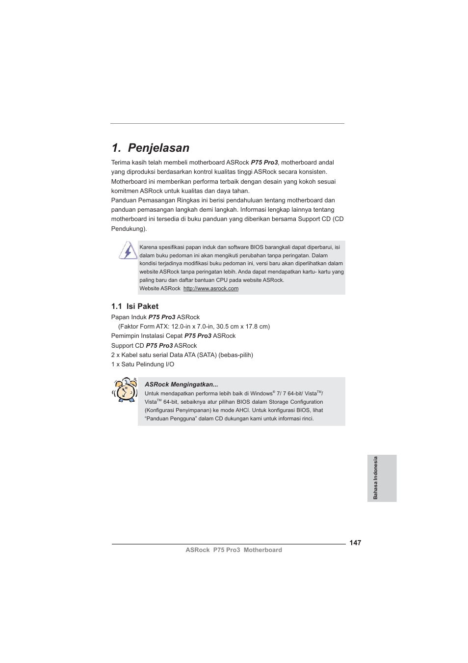 Indonesian, Penjelasan, 1 isi paket | ASRock P75 Pro3 User Manual | Page 147 / 151