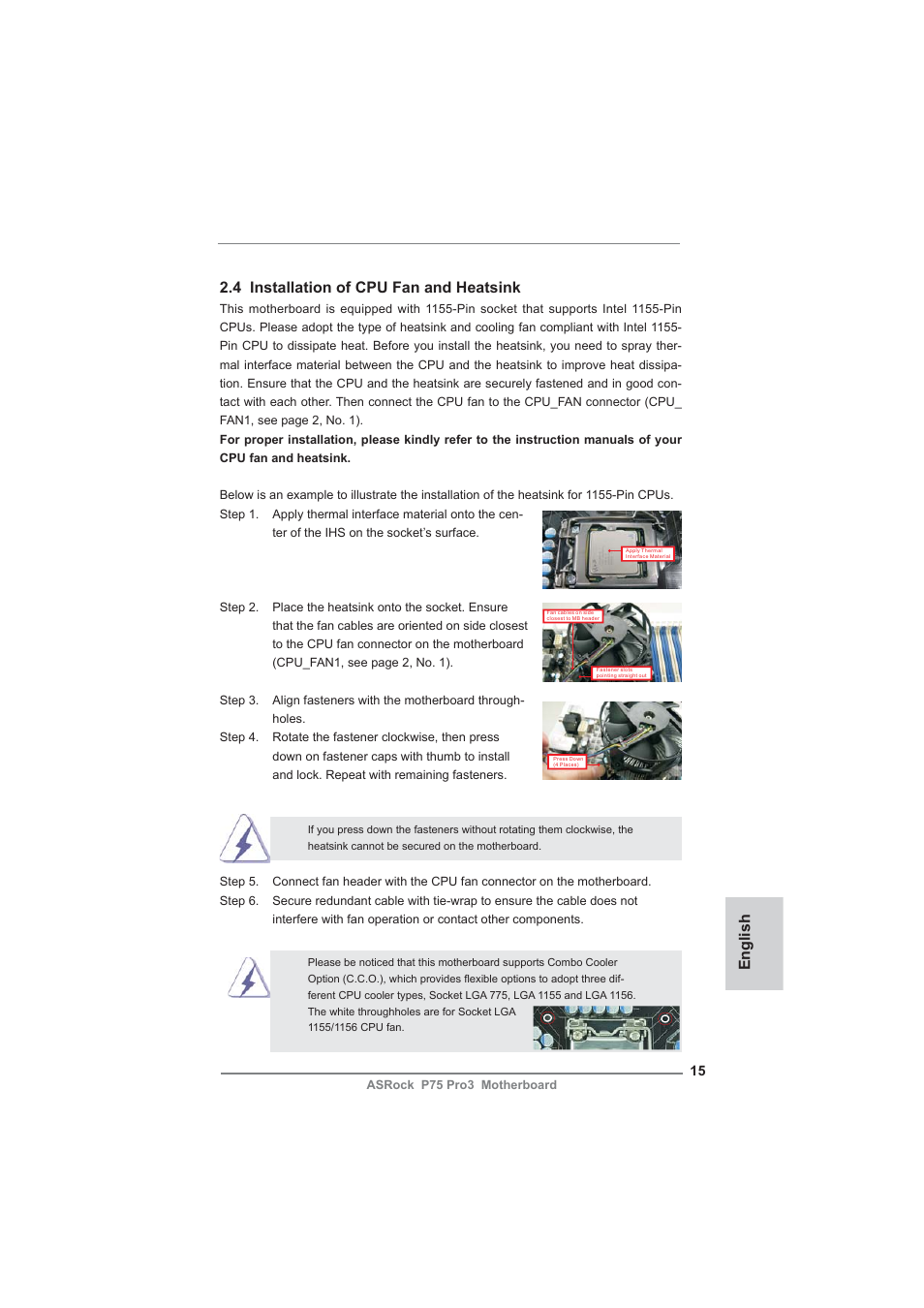 English 2.4 installation of cpu fan and heatsink | ASRock P75 Pro3 User Manual | Page 15 / 151
