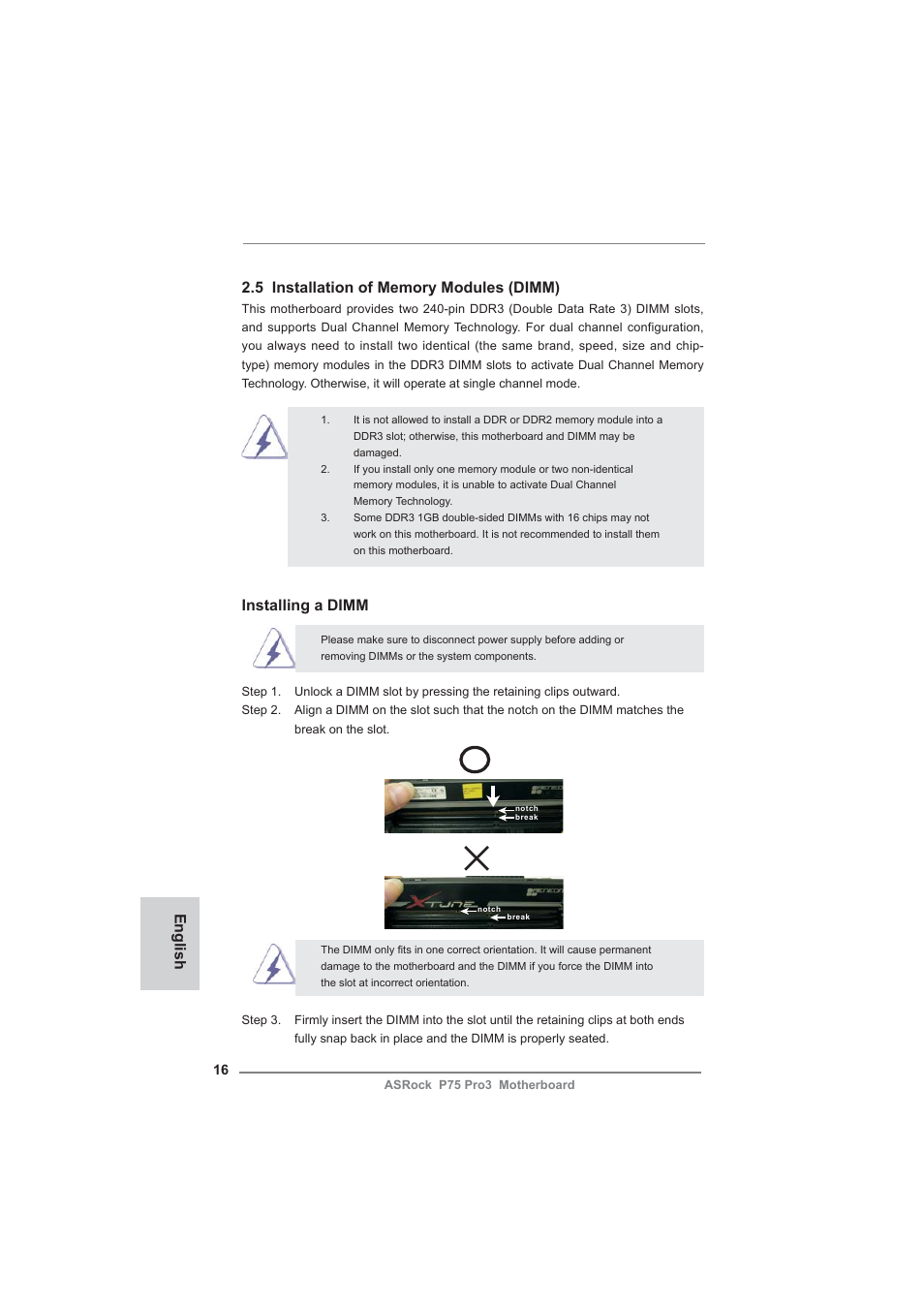 Installing a dimm, English | ASRock P75 Pro3 User Manual | Page 16 / 151