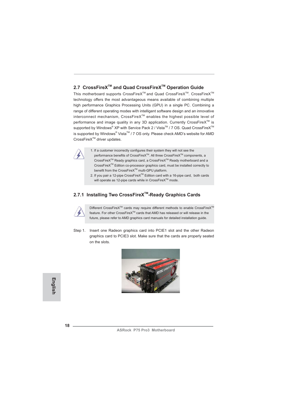 English, 7 crossfirex, And quad crossfirex | Operation guide, 1 installing two crossfirex, Ready graphics cards | ASRock P75 Pro3 User Manual | Page 18 / 151