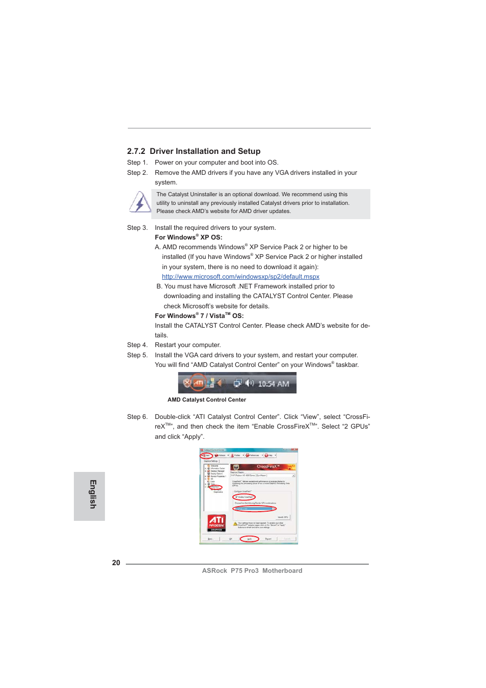 English, 2 driver installation and setup | ASRock P75 Pro3 User Manual | Page 20 / 151