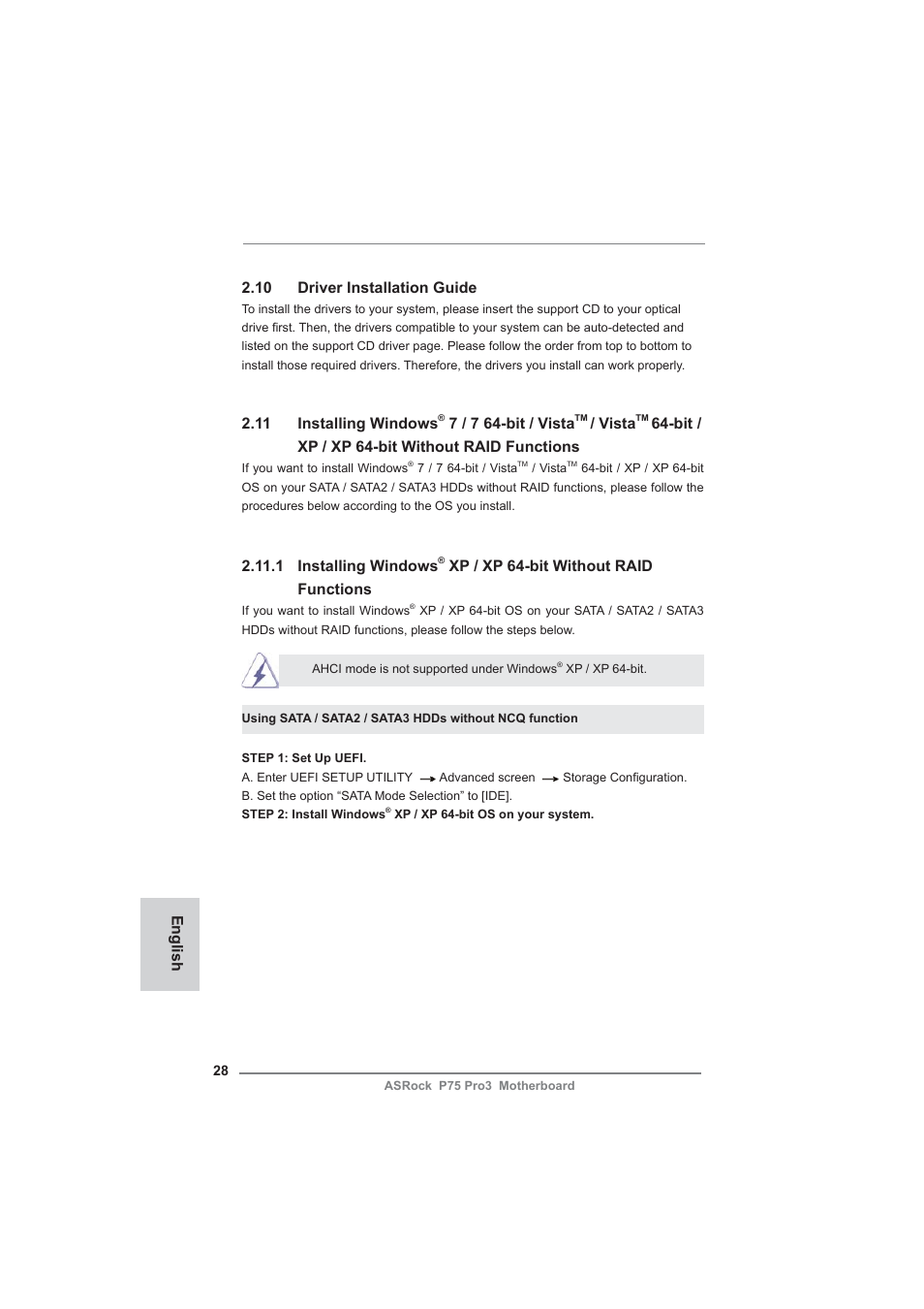 English 2.10 driver installation guide, 11 installing windows, 7 / 7 64-bit / vista | Vista, Bit / xp / xp 64-bit without raid functions, 1 installing windows, Xp / xp 64-bit without raid functions | ASRock P75 Pro3 User Manual | Page 28 / 151