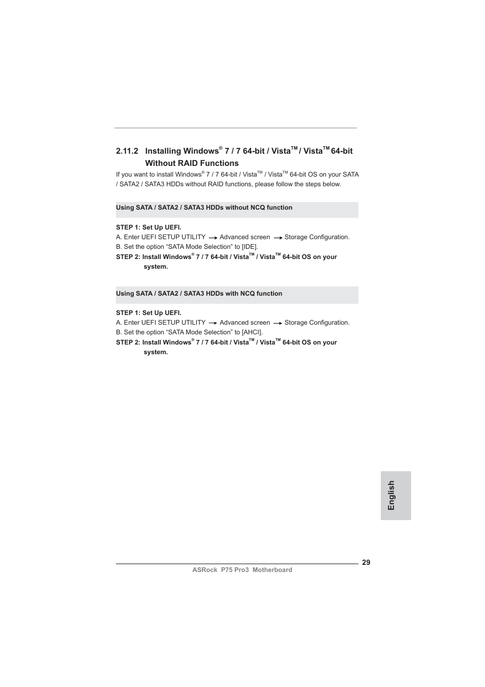 English 2.11.2 installing windows, 7 / 7 64-bit / vista, Vista | Bit without raid functions | ASRock P75 Pro3 User Manual | Page 29 / 151