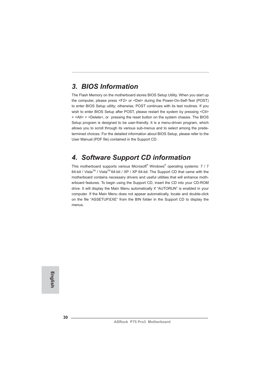 Bios information, Software support cd information, English | ASRock P75 Pro3 User Manual | Page 30 / 151