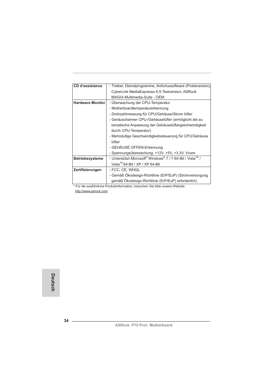 Deutsch | ASRock P75 Pro3 User Manual | Page 34 / 151