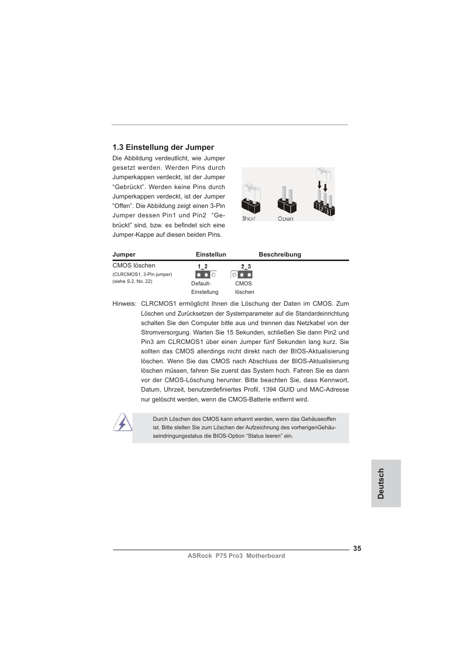 Deutsch 1.3 einstellung der jumper | ASRock P75 Pro3 User Manual | Page 35 / 151