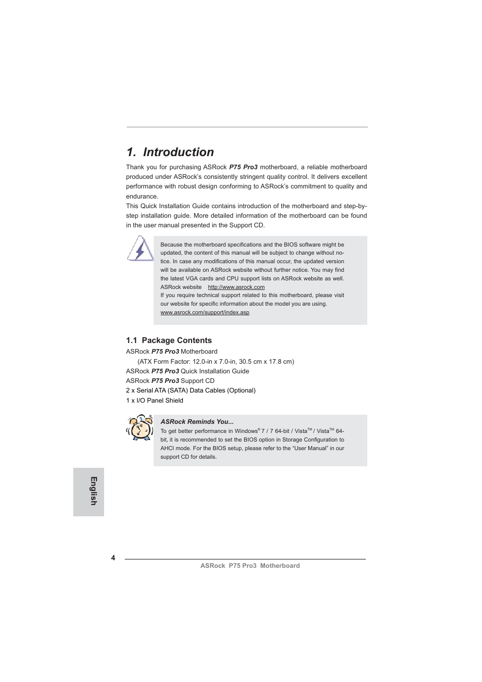 Introduction, 1 package contents, English | ASRock P75 Pro3 User Manual | Page 4 / 151