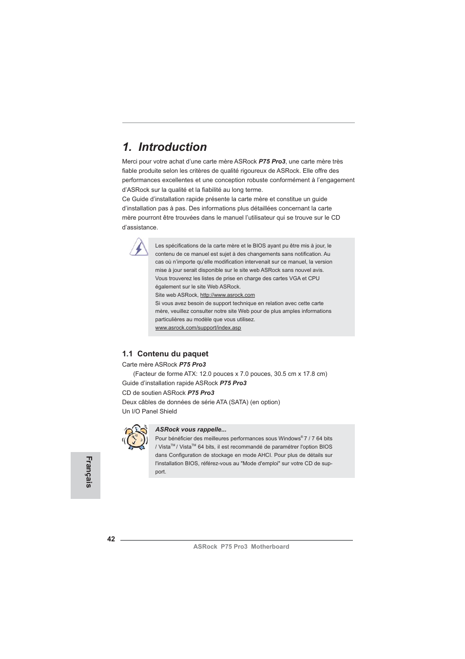 French, Introduction, 1 contenu du paquet | Français | ASRock P75 Pro3 User Manual | Page 42 / 151