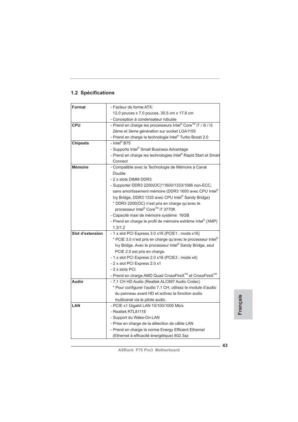 Français 1.2 spécifi cations | ASRock P75 Pro3 User Manual | Page 43 / 151