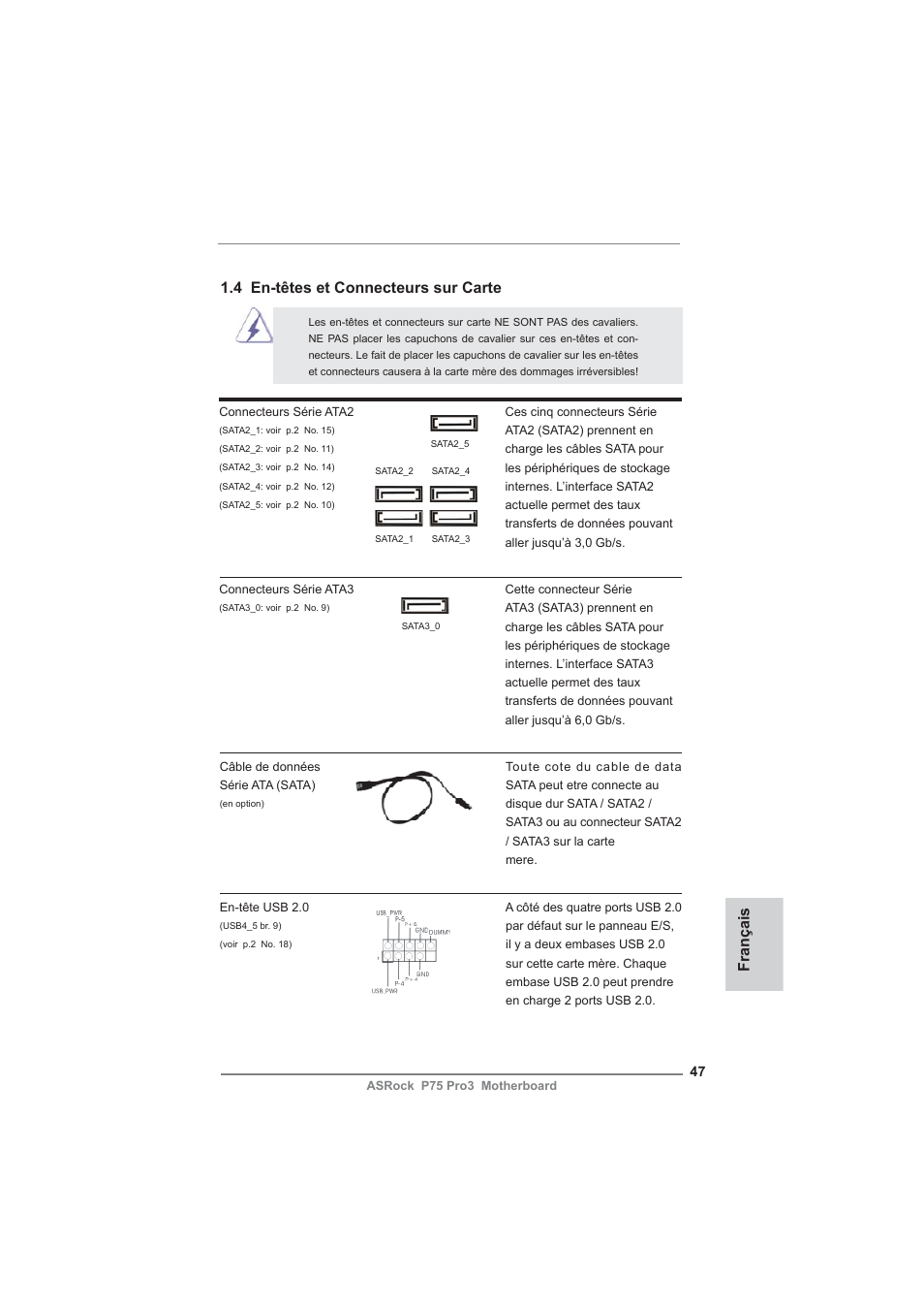 Français, 4 en-têtes et connecteurs sur carte | ASRock P75 Pro3 User Manual | Page 47 / 151