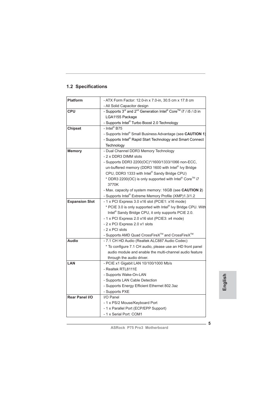 English 1.2 specifi cations | ASRock P75 Pro3 User Manual | Page 5 / 151