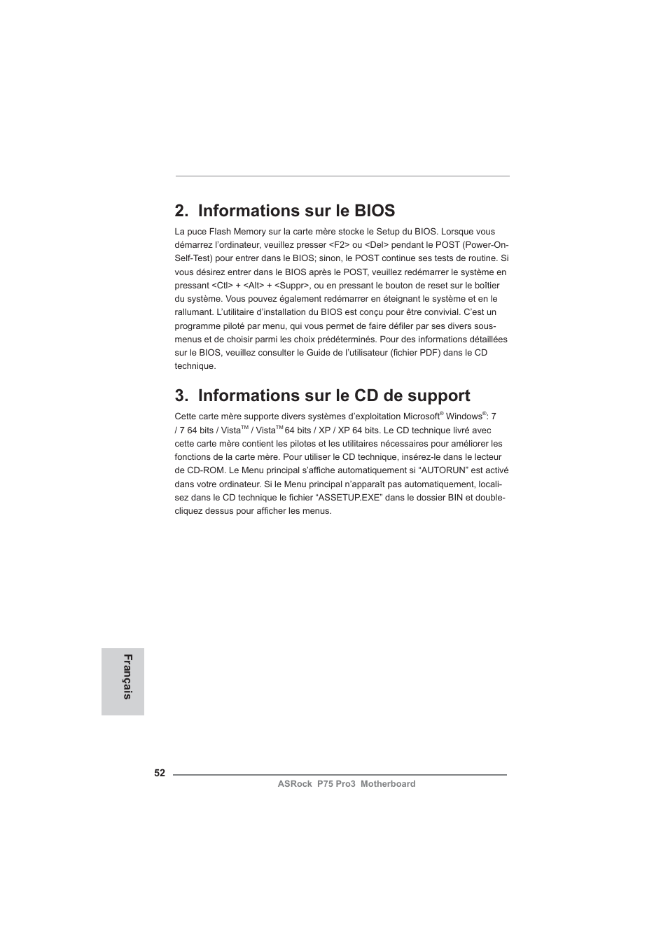Informations sur le bios, Informations sur le cd de support | ASRock P75 Pro3 User Manual | Page 52 / 151