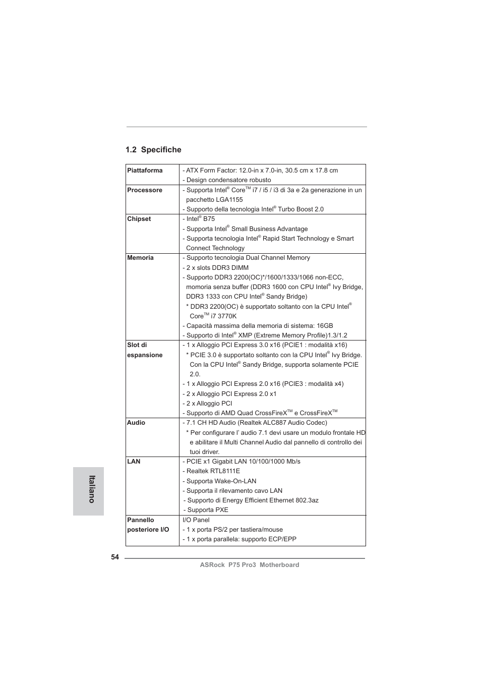 Italiano 1.2 specifi che | ASRock P75 Pro3 User Manual | Page 54 / 151