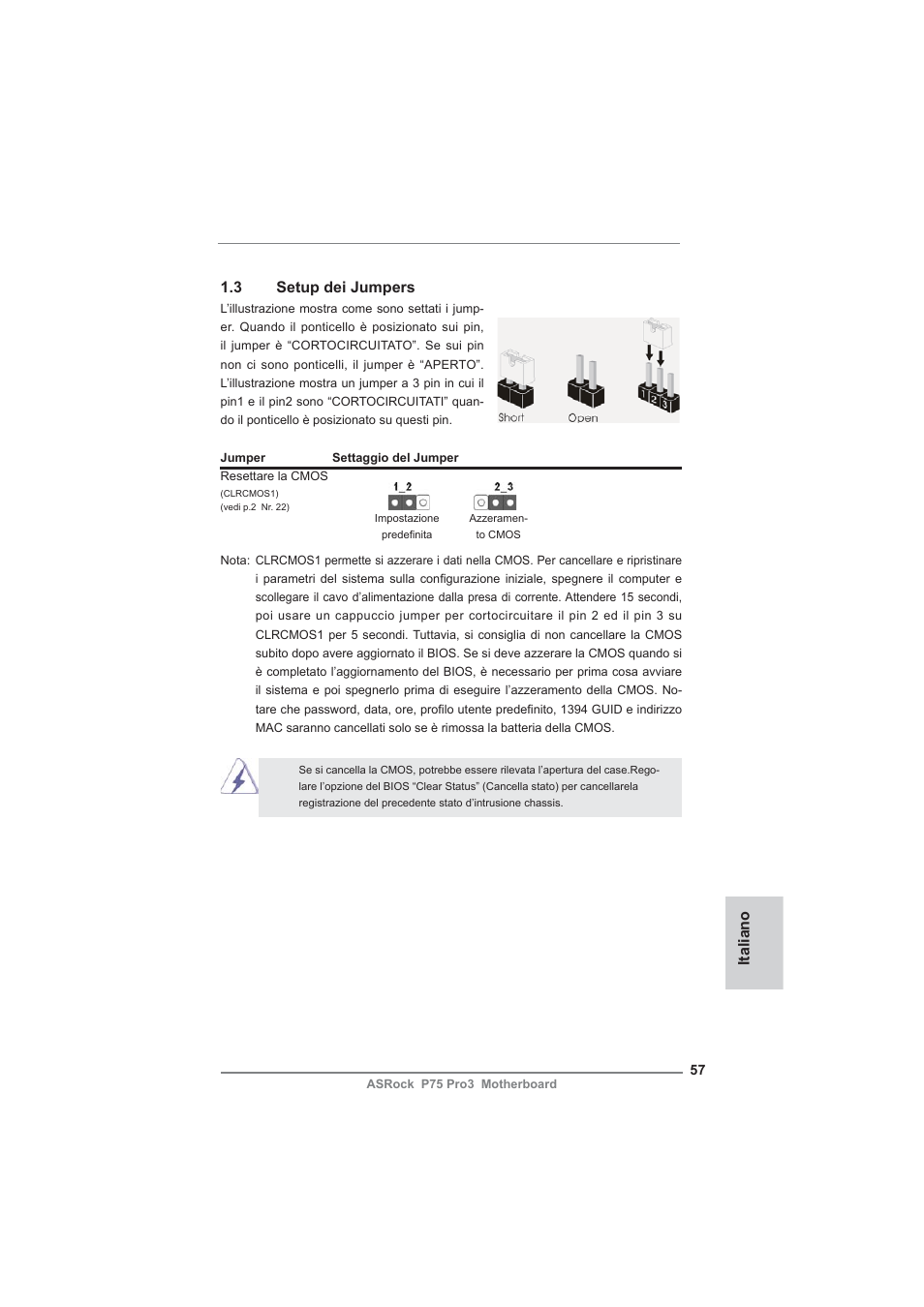 Italiano 1.3 setup dei jumpers | ASRock P75 Pro3 User Manual | Page 57 / 151