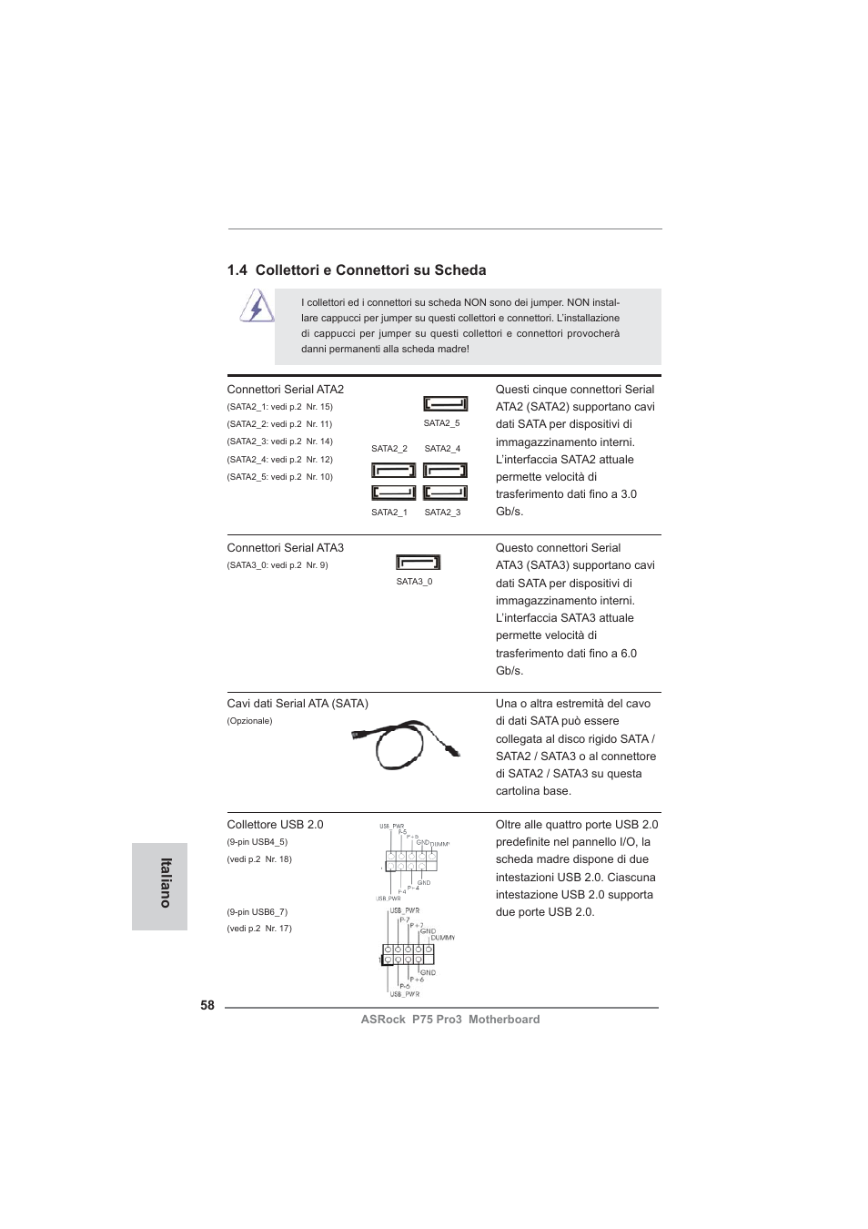 Italiano 1.4 collettori e connettori su scheda | ASRock P75 Pro3 User Manual | Page 58 / 151