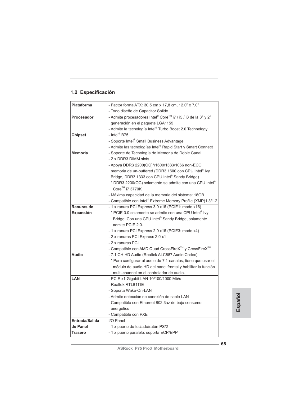Español 1.2 especifi cación | ASRock P75 Pro3 User Manual | Page 65 / 151