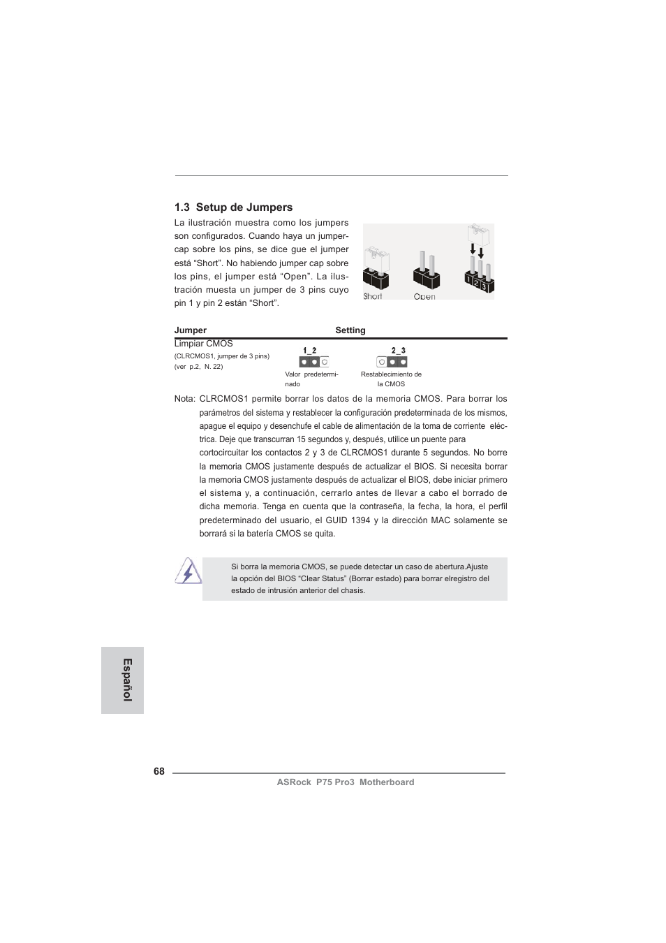 3 setup de jumpers, Español | ASRock P75 Pro3 User Manual | Page 68 / 151