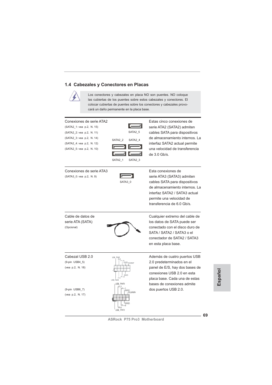Español 1.4 cabezales y conectores en placas | ASRock P75 Pro3 User Manual | Page 69 / 151